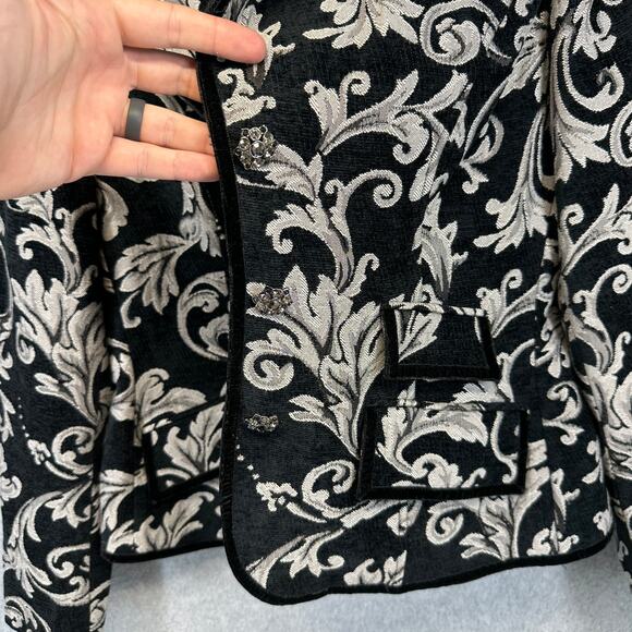 VTG Lovely Blazer Jacket Womens 12 Black White Baroque Damask Pattern 3-Button - Picture 3 of 15